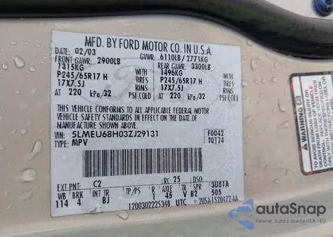 2003 Lincoln Aviator z USA, uszkodzony, nr VIN 5LMEU68H03ZJ29131